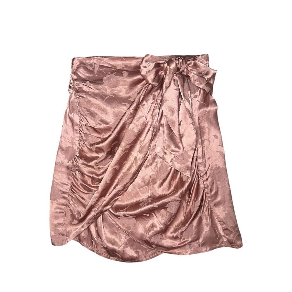 Lulu’s Women’s 6 Wrap Mini Skirt‎ Pink Rose Gold Floral Satin Tie NEW